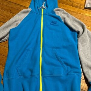 Nike Blue and Gray Hoodie with Yellow Zipper